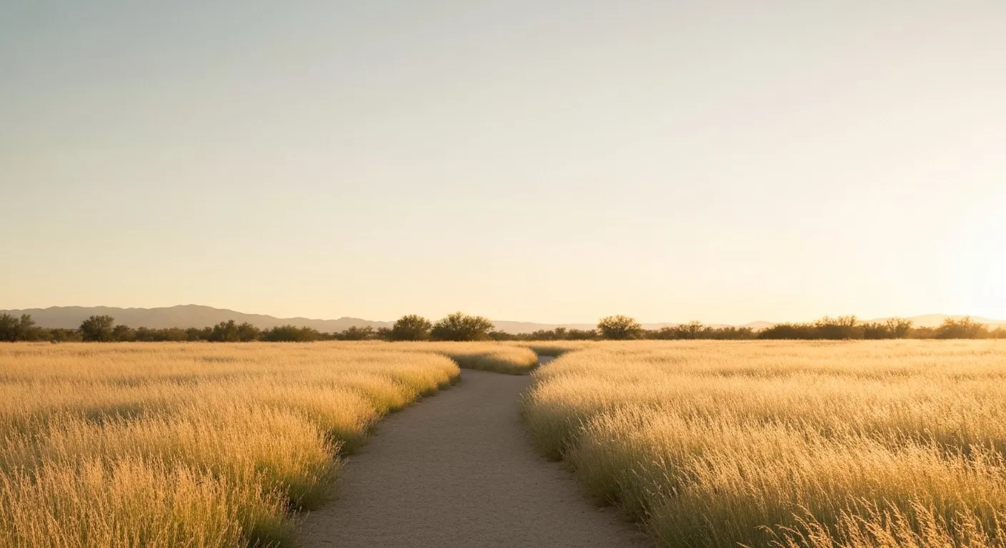 A sunlit path winding through a golden meadow at golden hour